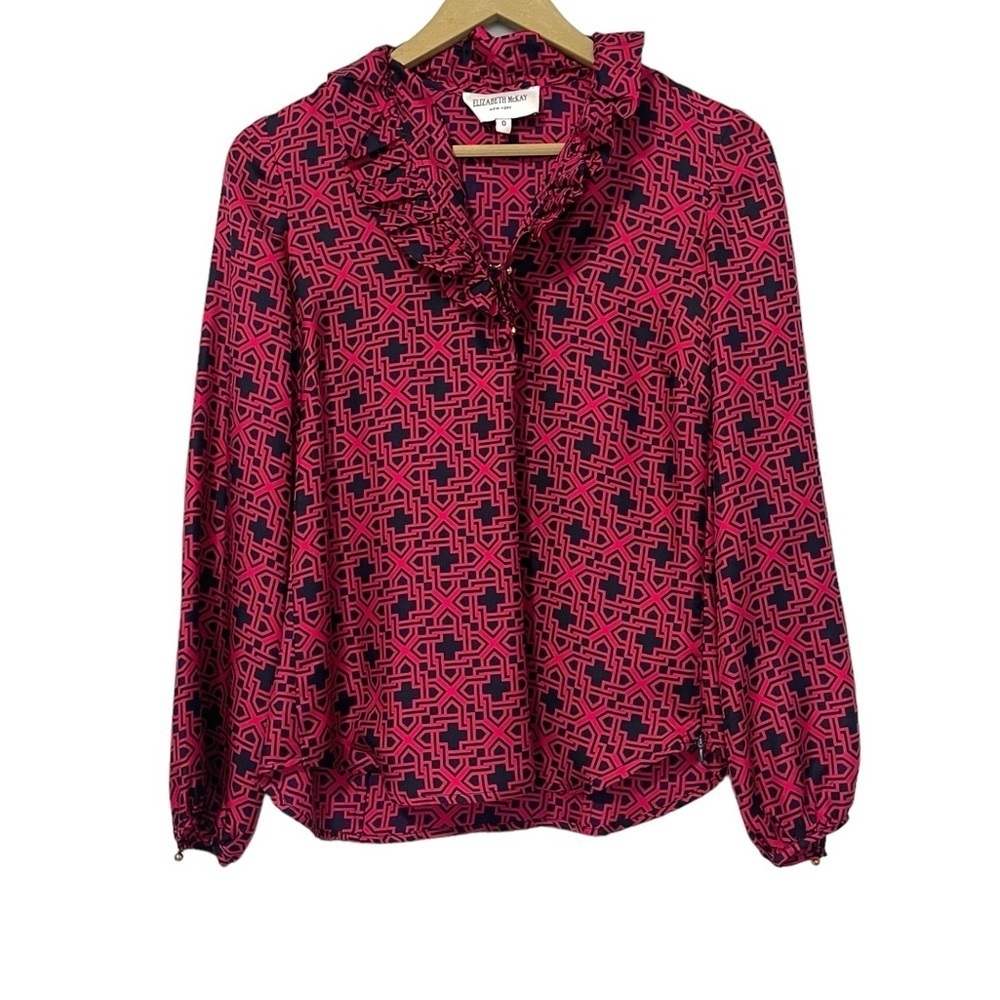 Elizabeth McKay Silk Pink Navy Geometric‎ Ruffle Blouse Size 0 Preppy Victorian